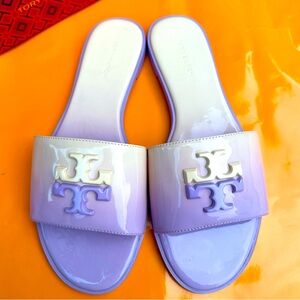 NIB Tory Burch Everly Slide Flat Soft Patent Leather Lavender Ombré W Logo Sz 7